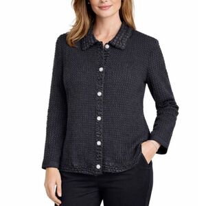 VTG Great Cavalier Women's Black Popcorn Pucker Textured LS Collared Top Sz M